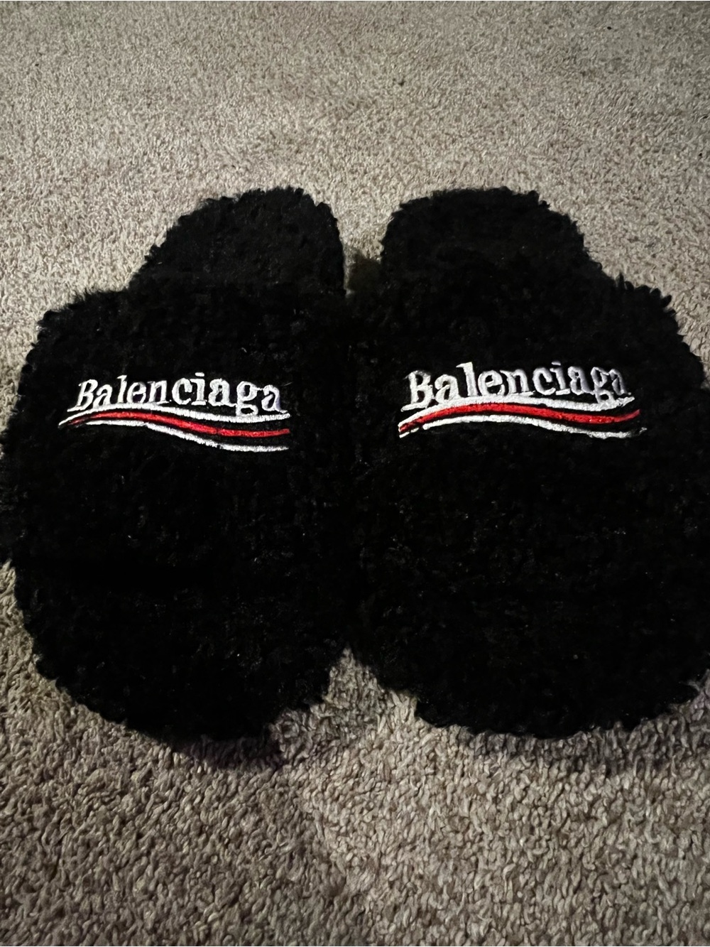 Balenciaga Black Fuzzy Logo Slide Slippers with Red & White Stripes